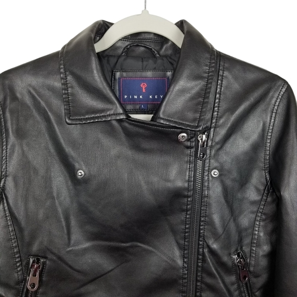 Pink Key Black Vegan Leather Moto Jacket with Ruffle Sleeves Women's Size Large - Picture 7 of 11